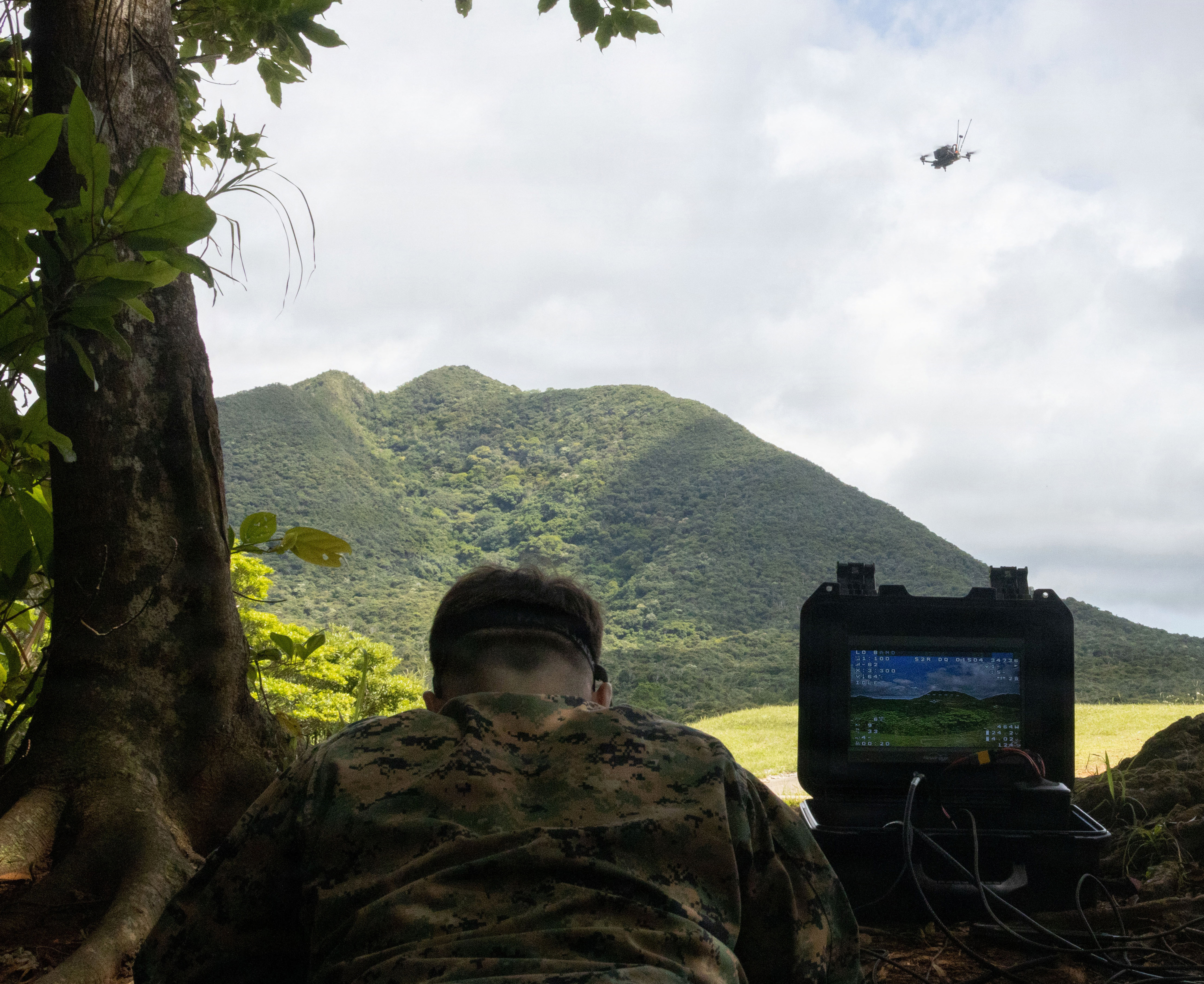 Corporal Joseph McNutt, USMC, an intelligence specialist with 3rd Reconnaissance Battalion, 3rd Marine Division, flies a Neros Archer first-person view drone on Camp Schwab, Okinawa, Japan, May 22, 2026 (U.S. Marine Corps/Haley Munoz)